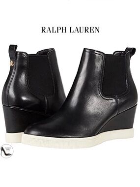 Ralph Lauren Reade Women’s Designer Black Leather Chelsea Wedge Sneakers Booties
